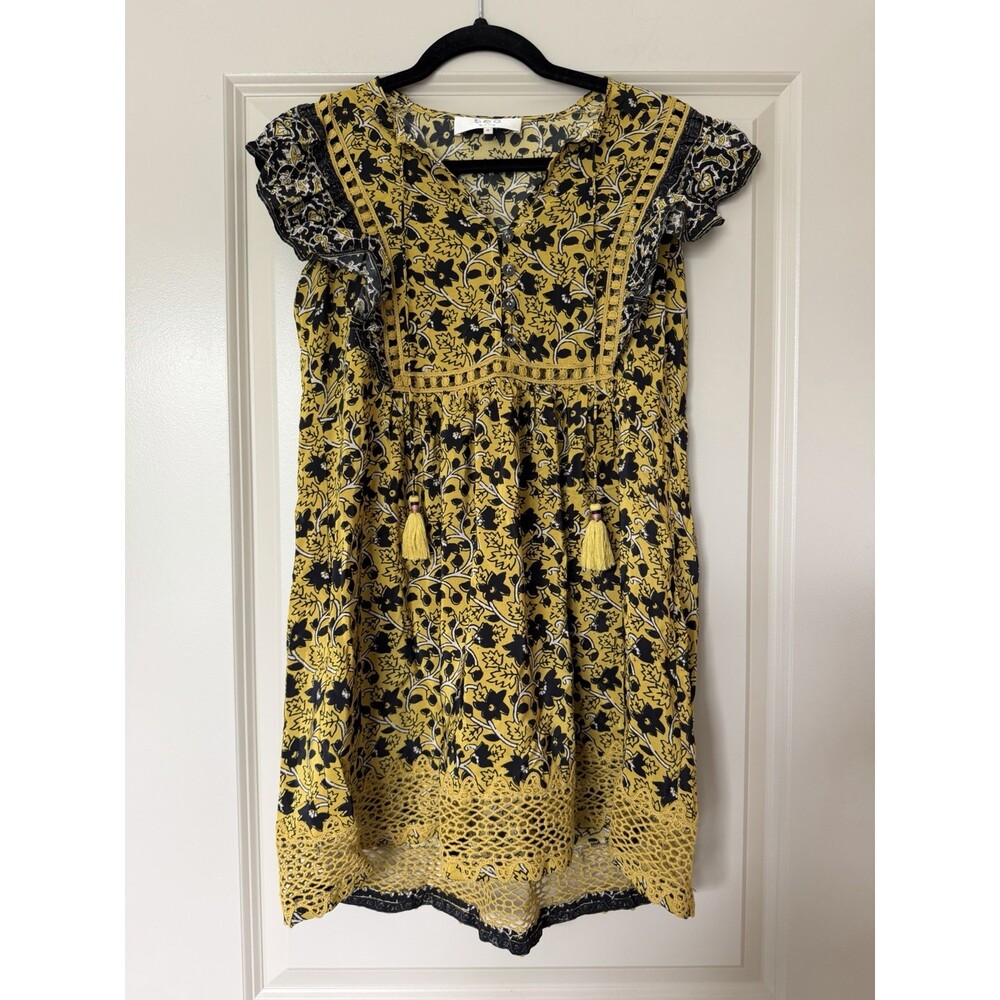 Sea NY 100% Silk Yellow Black Floral Mini Dress Size 0 Flutter Sleeves V Neck